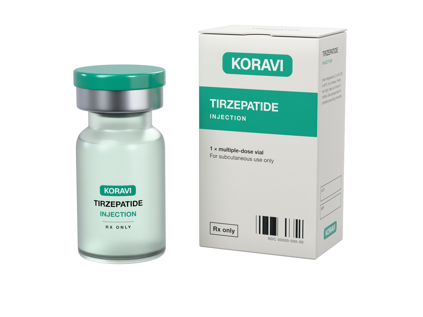 Koravi tirzepatide vial beside its carton